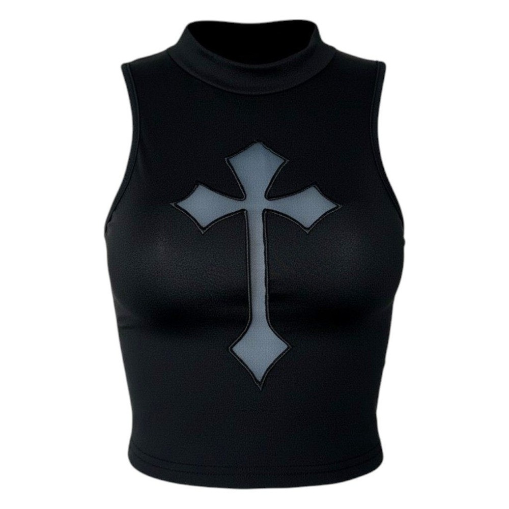 New Small Black Sleeveless Mock Neck Crop Top Mesh Cross Cutout Gothic Alt Style